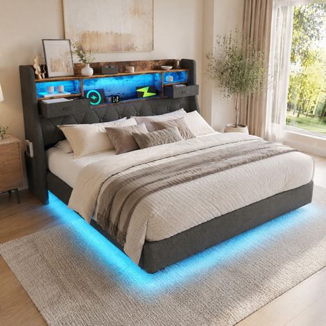 Polsterbett 140 x 200 cm mit LED, Kopfteil mit USB- und Type-C-Ladefunktion, Leinen grau (1/5)