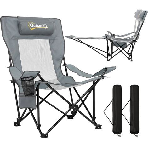 Lot de 2 Chaises de Camping Pliantes Inclinables 4 Positions avec Repose-Pieds et Porte-Gobelet, 125x80x90cm, Gris (1/5)