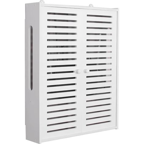 Étagère murale en PVC pour routeurs et prises WLAN - 2 niveaux réglables en hauteur avec portes battantes - Gestion des câbles anti-poussière (boîte à câbles) - Gain de place pour salon (1/5)