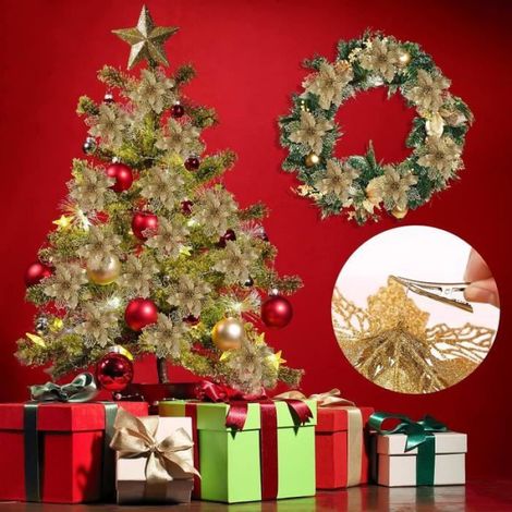 Lot de 12 fleurs de Noël dorées pour sapin de Noël, décoration couronne de Noël avec clips et tiges, 16 cm (1/4)