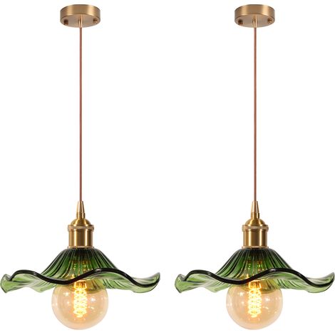 2PCS Rétro Lampe de Plafond E27 en Forme de Fleur Luminaire Lustre en Verre pour Entrée Couloir Salon Salle Chambre Vert