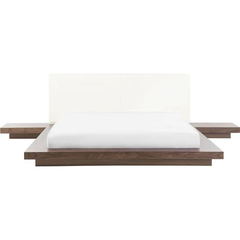 Lit Double Japonais 160 x 200 cm Tête de lit en Simili Cuir MDF Bois de Frêne Marron Zen