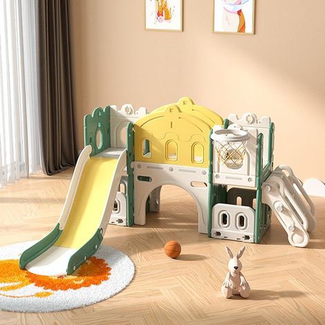 Tobogán infantil 6 en 1 de HDPE con pequeño castillo - zona de escalada, pasillo, espacio de almacenaje, zona de juego con orificios y canasta de baloncesto, para niños de 3 a 8 años - Verde