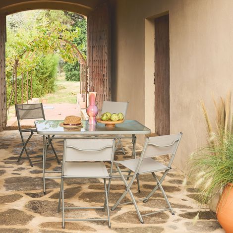 Table de jardin pliante acier + 4 assises textilène kaki - Ancona (1/5)