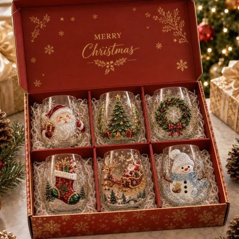 Irovami Verre à vin rouge en verre borosilicate peint à la main, décoré d'un bonhomme de neige et du Père Noël. Cadeau idéal pour les fêtes. Coffret de Noël 6 pièces. (1/5)