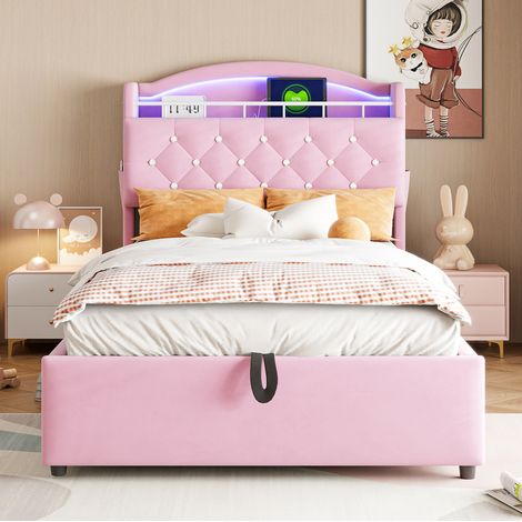 Cama infantil 90x200 cm rosa de tela con almacenaje, LED y USB (1/5)