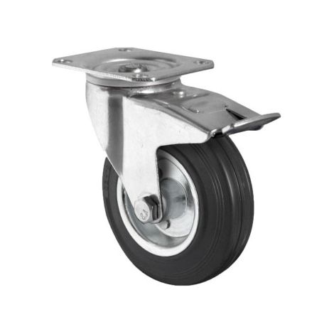 Rueda de goma y metal con placa giratoria y freno con diámetros desde 80 mm hasta 125 mm para pesos de hasta 150 kg Ø125mmx38mm Placa 105x80mm Talad 9mm Alto 155mm Freno 128mm 145kg