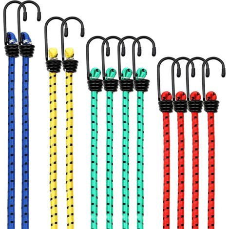 Lot de 12 Pièces Tendeurs Elastique avec Crochets, Tendeur Elastique, Corde Elastique, Sangle Elastique, Cordon Elastique, Élastiques avec Crochets, Bungee Cords pour Vélo, Voiture, Tente