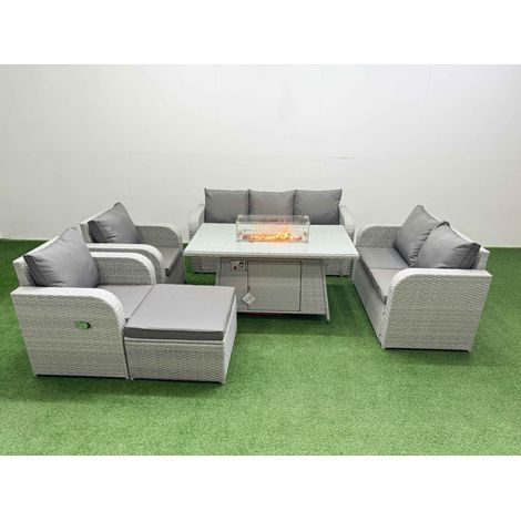 Fimous PE Rattan Garden Furniture Set Reclining Chair Sofa Double Love Seat 2 Seater Sofa Lounge Set Firepit Dining Table Big Footstool Light Grey (1/4)