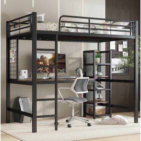 Hochbett 204x95x180 cm, mit Schreibtisch und Fünfstufen-Regal, Leiter, MDF und Metall, Schwarz und dunkle Holzfarbe (1/5)