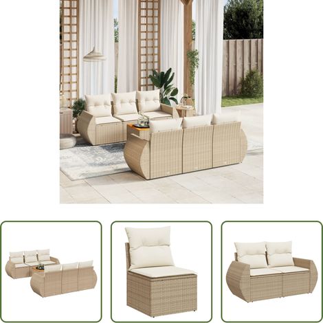 vidaXL Gartensessel - 7-tlg. Garten-Sofagarnitur mit Kissen Beige Poly Rattan (1/5)