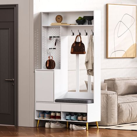 Ingresso con panca portascarpe, 4 ganci appendiabiti, 2 cassetti e 1 anta, bianco (1/5)