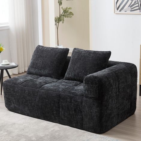 Sofá de dos plazas 158 x 90 x 60 cm - Confort mullido con cojín y bolsillos laterales - Chenilla negra (1/5)