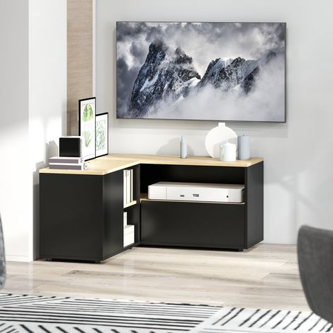 Mueble esquinero para TV de hasta 40 pulgadas con 2 armarios y 3 estantes, 90 x 90 x 45 cm, roble y negro. (1/5)