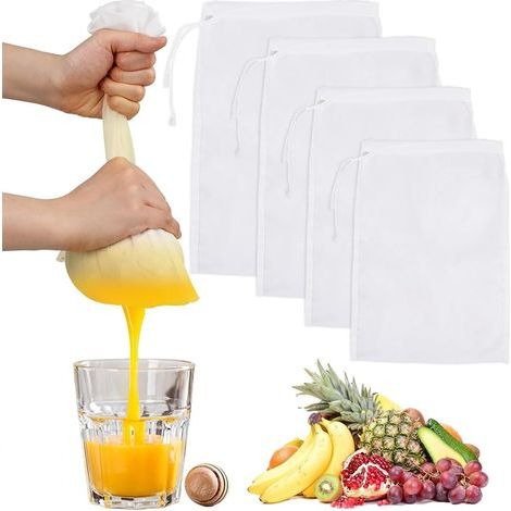 4 Stück Filterbeutel, Käsetuch in Lebensmittelqualität, weißes Stoffsieb, Nylon, Filterbeutel für Gemüse- und Fruchtsaft, Kaffee, Hafermilch, Pflanzenmilch (4 Größen) (1/5)