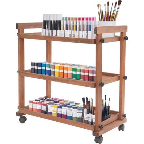 Chariot de peinture 3 niveaux - Bois de hêtre - 33 lbs - Roues freinées - Porte-pinceaux rainuré - Pour atelier, école