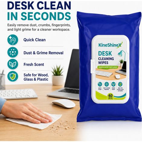 KineShineX Table Cleaning Wipes (40 wipes) quickly remove dust, stains, and fingerprints. Suitable for office use. (1/5)