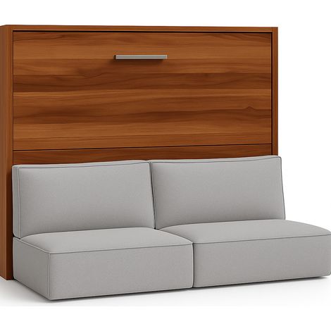 Lit escamotable horizontal avec banquette & coffres LOGIA Gris clair-160x200-Canapé Gris clair-Structure Noyer (1/5)