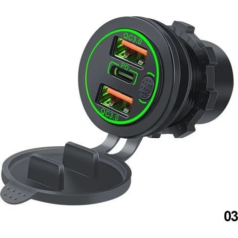 Chargeur de voiture 68 W à triple sortie (USB QC 3.0 et PD Type-C) 12-24 V avec interrupteur tactile, étanche, pour voiture, bateau, camping-car 03162