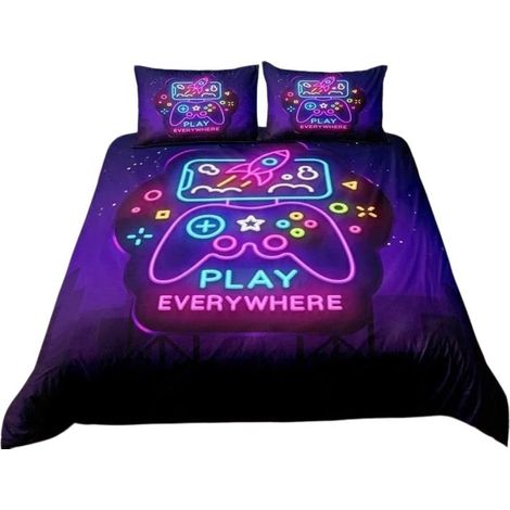 Parure de lit enfant 200 x 200 cm, motif jeux vidéo, microfibre ultra-douce, multicolore (1/5)