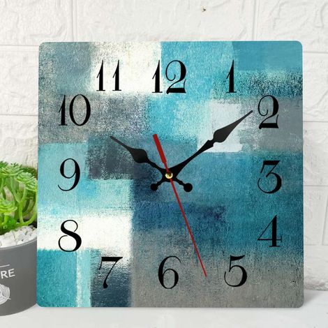 Horloge Murale en Bois silencieuse sans tic-tac, Vert, Bleu, Gris, Bleu Sarcelle, Peinture Abstraite Grise, carrée, Rustique, horloges murales côtières décoratives pour la Maison (1/5)