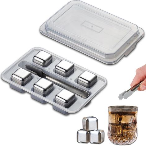 Ensemble de 6 glaçons réutilisables en acier inoxydable avec pince à glaçons, argent