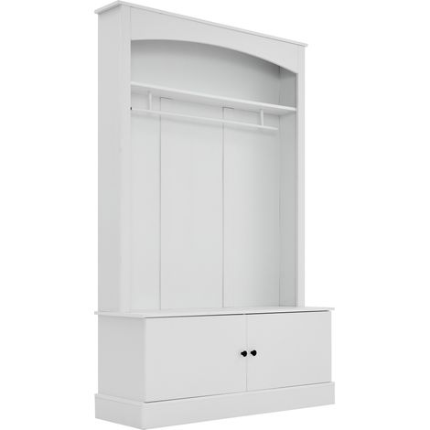 Armoire d’entrée blanche avec porte-manteau et banc à chaussures, rangement pour vêtements et chaussures, autoportante, peu encombrante, pour entrée et couloir, étagères réglables (1/5)