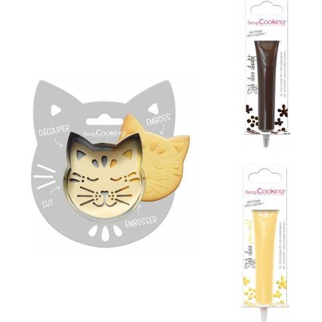 Kit pour biscuit en relief Chat + 2 Stylos au chocolat marron et jaune pastel