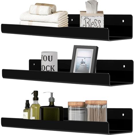 Lot de 3 étagères murales en acrylique, 38 cm, idéales pour la chambre, la salle de bain, le salon, la cuisine et la décoration de la pièce (noir) (1/5)