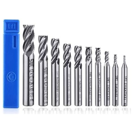 Lot de 10 forets à 4 cannelures - de 2 à 12 mm Fraise en Bout- Ensemble de forets à tige droite HSS CNC pour perceuse - Ensemble d'outils pour bois, aluminium, acier et titane (1/5)