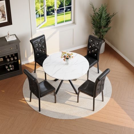 Ensemble de salle à manger avec table ronde en marbre et 4 chaises noires, ensemble de cuisine moderne en similicuir capitonné avec pieds en métal pour salle à manger et cuisine (1/5)