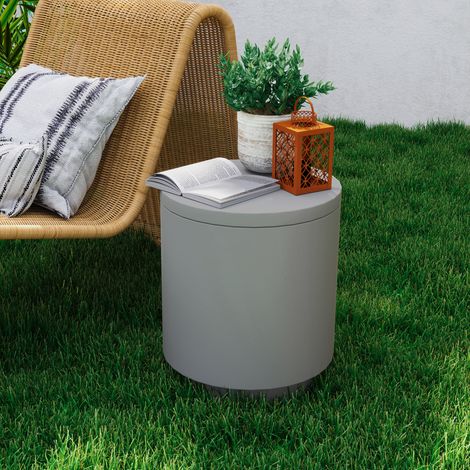 Mesa auxiliar multifuncional 3 en 1 con cubitera extraíble de 10 litros y tapa, de hormigón y acero inoxidable, para exteriores, Ø37,5 x 43,5 cm, gris claro.