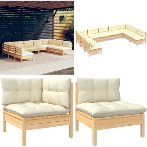 Salon de jardin 9 pcs avec coussins crème bois de pin massif - Salon De Jardin - Mobilier De Jardin - Ensemble Salon De Patio - Meubles De Terrasse - Chaise Longue - Home & Living (1/5)