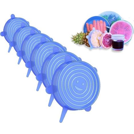 Juego de 6 tapas de silicona reutilizables para cuencos, Elásticas, Resistentes al calor, Selladas, tazas, tarros, etc, Transparentes (1/5)