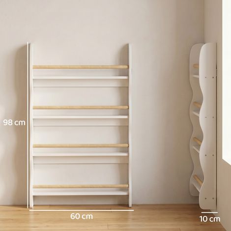 Étagère murale Montessori 4 niveaux, fixations anti-chute incluses, blanc, 60x10x98 cm, rangement mural enfant, design épuré, solide et sécurisé. (1/5)