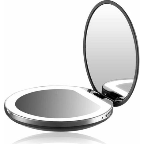 Espejo de bolsillo con luz LED de aumento 1X/3X, espejo de maquillaje de mano grande con luz natural, compacto y portátil para viajes (negro) (1/5)