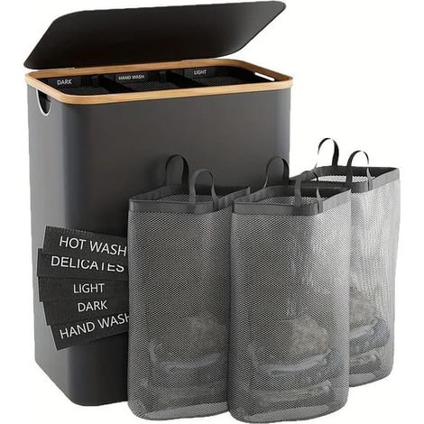 Panier à linge multifonctionnel avec 3 sacs en filet et étiquettes de tri - Panier de rangement pliable en tissu Oxford noir (1/5)