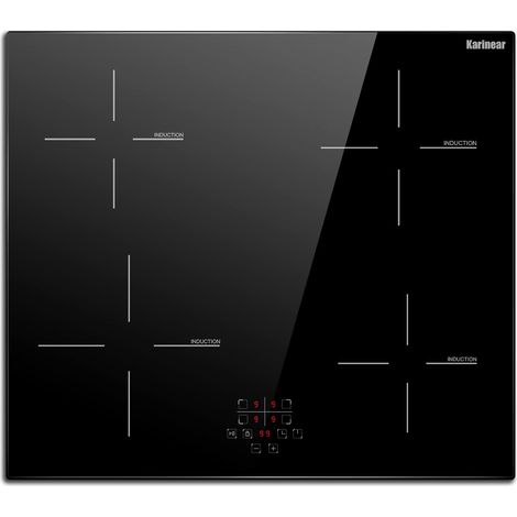 Karinear – Plaque induction 4 foyers 6600W – Panneau en verre noir – Commande tactile – Minuterie jusqu'à 99 minutes – Verrouillage enfant