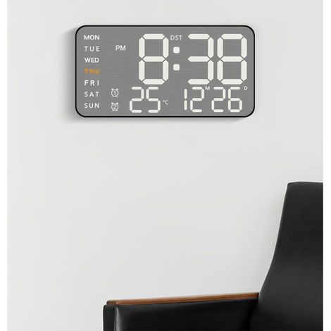 Horloge Murale LED - Affichage Température Date Semaine - Métal Brossé - 5 Niveaux Luminosité - 2 Alarmes Snooze - Pour Salon Maison - 1 Pièce (1/5)