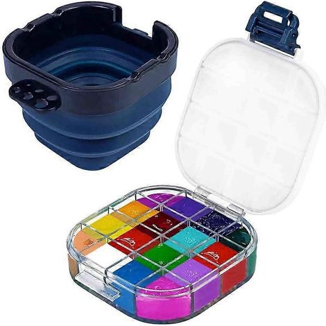 Boîte de rangement hermétique pour palettes de peinture, boîte à 16 compartiments avec couvercle, comprenant un bac à pinceaux, idéale pour la gouache (1/4)