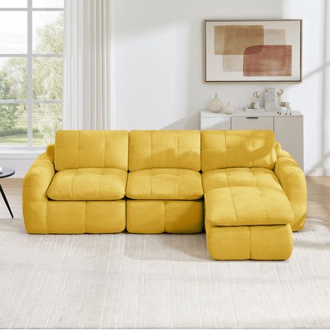Divano modulare angolare a 3 posti 264x160x68 cm, senza telaio, con pouf, senza montaggio, chenille gialla (1/5)