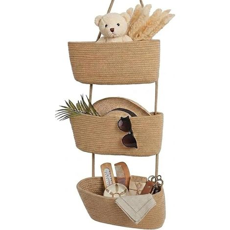 Organisateur suspendu pour porte et mur, panier suspendu à 3 étages en corde de coton tissée, système de rangement décoratif pour salle de bain, chambre d'enfant et chambre à coucher (kaki) (1/5)