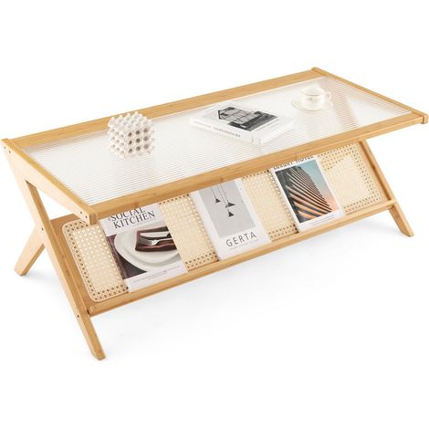 2-Tier Rectangular Coffee Table Modern Center Bamboo Table with Glass Tabletop (1/5)