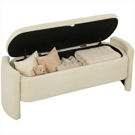 Banc de rangement en tissu bouclé crème, design arrondi et pieds en eucalyptus, 118x42x45 cm (1/5)