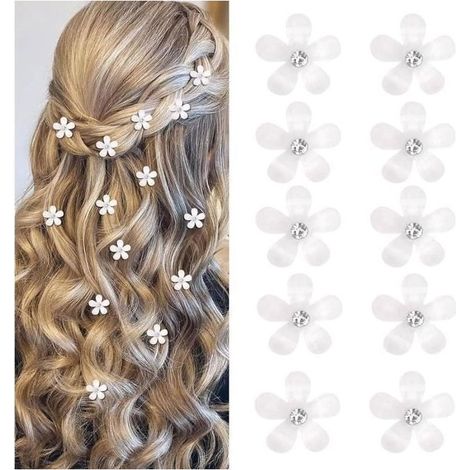 Lot de 10 mini pinces à cheveux en forme de fleurs blanches avec strass - Pinces à cheveux décoratives pour mariage (1/4)