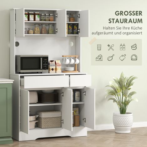 Armoire de cuisine avec plan de travail ouvert, 6 portes, 2 tiroirs, étagères réglables, trous pour câbles, panneau de particules, blanc (1/5)