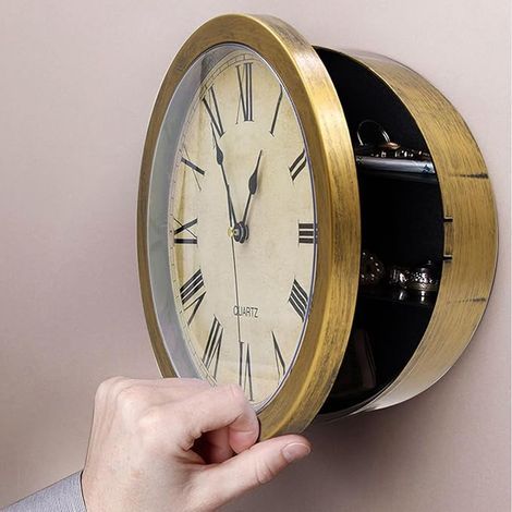 Ca. 25 cm große Kunststoff-Wanduhr mit verstecktem Sicherheitsfach. Eine dekorative Vintage-Uhr mit einem geheimen Sicherheitsfach, die Ihrem Zimmer einen Hauch von Eleganz verleiht (goldfarbene Ausfü (1/5)