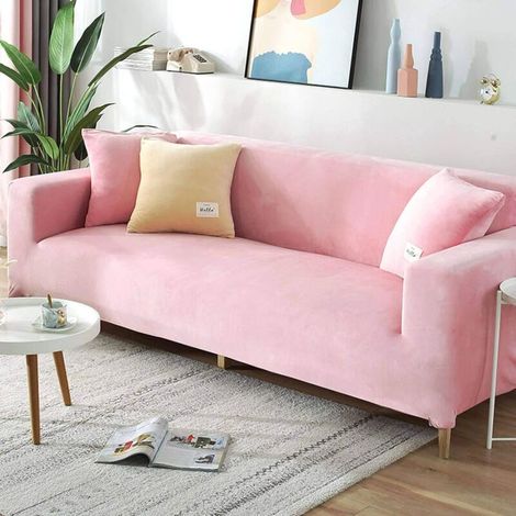 Luxurious Velvet Sofa Cover for 2 3 4 Seater, Soft Plush Couch Protector, Armrest Stretch Couch Cover, Water Resistant Furniture Protector-Pink-3 Seater 190-220cm