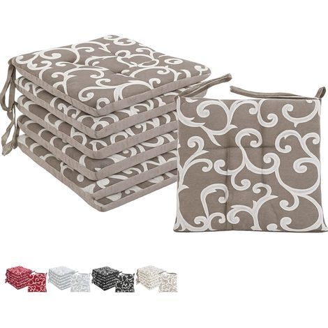 Set 6 cuscini per sedie a 4 punti con lacci - Misura 40x40 cm - Imbottitura in poliestere e rivestimento in cotone e poliestere - Tortora con Fantasia