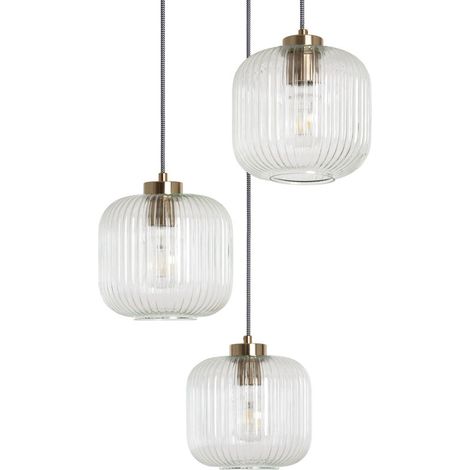 – Suspension en verre Tri Wilde – 3 abat-jour E27 – Hauteur réglable – Finition métal doré pour ambiance vintage (1/5)